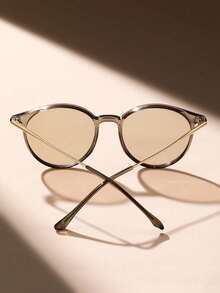 一副塑料金属圆形全框女士时尚眼镜，适合驾驶、露营、锐舞派对、街头摄影、热带海滩度假、家庭出游、户外活动、约会、时尚配饰 - 透茶框香檳片 - 查看 5