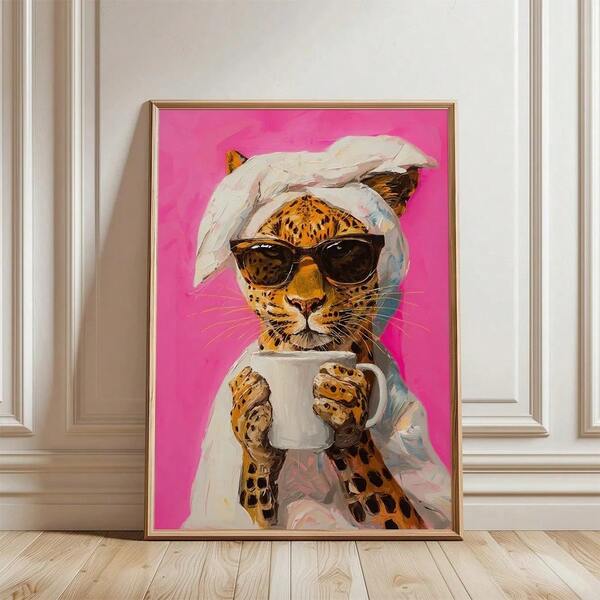 1pc Modern Leopard Drinking Morning Coffee Colorful Dopamine Prints Canvas Painting Poster Picture For Living Room Home Decor No Frame