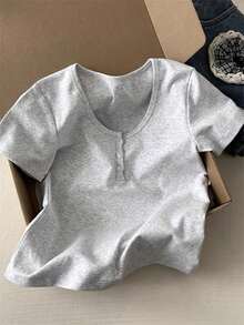 Y2K Style Fitted Solid Color Crew Neck Short Sleeve T-Shirt For Women, Suitable For Back To School, Beach Travel And Casual Wear - Light Grey - View 9