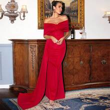 Europäisches und amerikanisches elegantes rotes Satin Off-Shoulder Socialite Kurzarm langes hochwertiges trägerloses Abendkleid