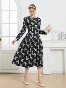 Luxury Jacquard Long Sleeve Elegant Party Dress For Women, Autumn/Winter