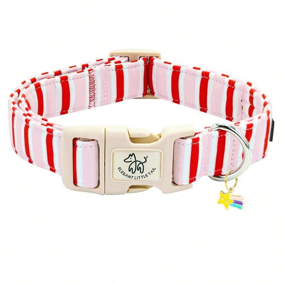 Elegant Little Tail Dog Collar Cute Pink With Red Strip Pattern Pet Collars Soft Girl Or Boy Adjustable Puppy Collar With Quick Release Buckle