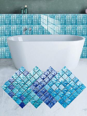 10 stycken självhäftande tapeter med 3D-stenstruktur och blank fyrkantig keramisk kakel (10/15/20/30 cm) med kristallfilm - 4 realistiska mosaikmönster, vattenblå toner, dra av för att få en spegelblank glans! Texturerat vinylmaterial med kakeleffekt, självhäftande och vattentätt, lämpligt för heminredning