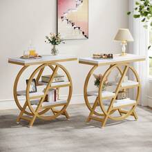 LITTLE TREE Industrial Side Table, 4-Tiered Faux Marble End Table With Storage, Narrow Wooden Sofa Coffee Table With Geometric Metal Frame, Modern Nightstand And Console Table For Living Room, Home Office, And Bedroom, Gold And White - 金色和白色 - 查看 8