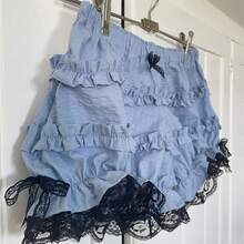 Women's Summer Ruffled Shorts With Black Lace Trim For Daily Wear With Bow Detail And Layered Design - 藍色 - 查看 4
