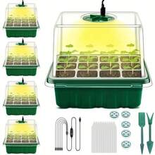 5Sets Seed Starter Tray With Grow Light, Elevated Seedling Starter Trays Kits With Adjustable Humidity Domes And Clear Cell Tray For Greenhouse Seeds Growing Starting
