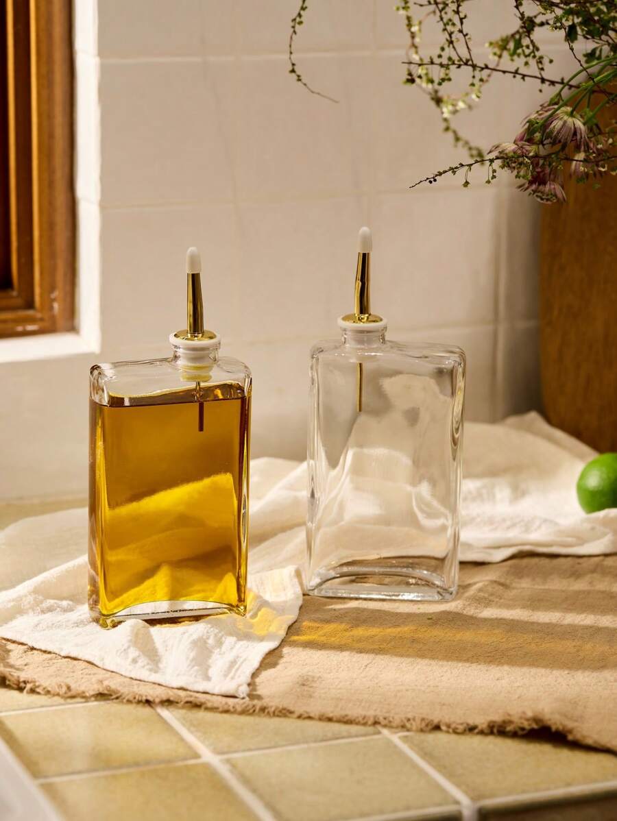 Cirelle 2 件玻璃瓶，带 2 件金色/银色倾倒嘴，36 件标签套装，橄榄油、咖啡糖浆分配器，厨房玻璃瓶分配器，橄榄油瓶、醋、厨房用品，350 毫升/11.8 盎司，金色和银色。适用于烹饪、橄榄油、酱汁、咖啡糖浆 - 厨房必备品 - 白色 - 查看 1