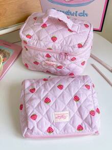 1 Piece/Set Children's Cute Pink Foam Quilted Cosmetics Bag Lovely Strawberry Pattern Makeup Bag Set Girly Toiletries Storage Bag With Zipper Pink Strip Print Make Up Bag Large Capacity Cosmetics Organizer Bag