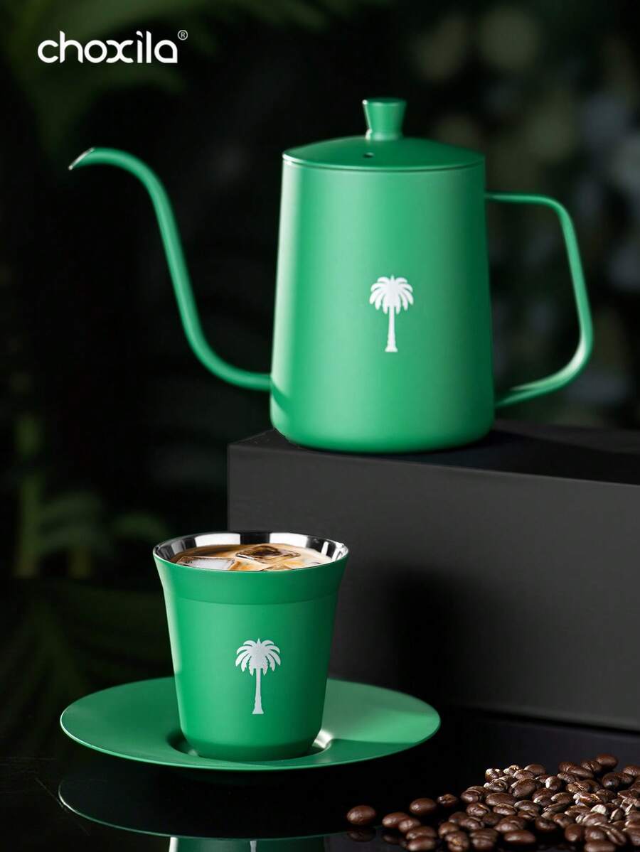 choxila 2 件套，沙特阿拉伯国庆节礼物，椰枣树标志绿色咖啡壶和浓缩咖啡杯，手冲咖啡壶和咖啡杯 - 綠色 - 查看 1