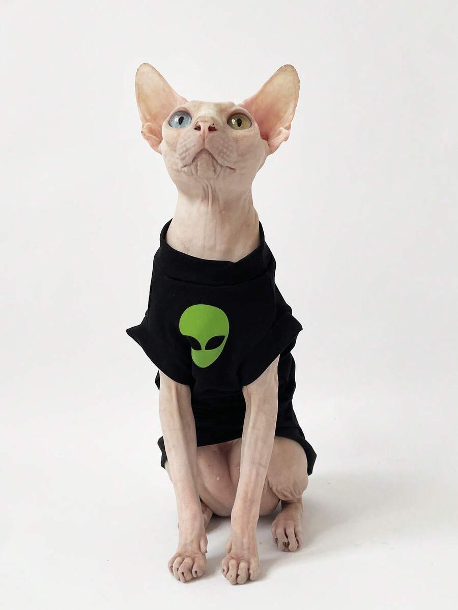 斯芬克斯猫春夏时尚透气T恤，适合斯芬克斯无毛猫 - 黑色 - 查看 1