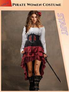 Costume Women Outfit With Renaissance Shirt Skirt Corset Waist Belt Womens Halloween Costumes (White+Red, S) - 米色+棕色 - 查看 9