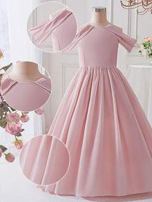 少女露肩伴娘婚礼派对礼服，优雅毕业典礼生日舞会礼服，公主选美表演正式礼服 - 粉色 - 查看 5