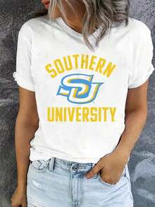 100% Cotton Unisex Round Neck Short - Sleeve T - Shirt With Southern University Graphic - Classic Basic Tee For Summer Women's Tops Cotton Women Clothing - trắng - Xem 1