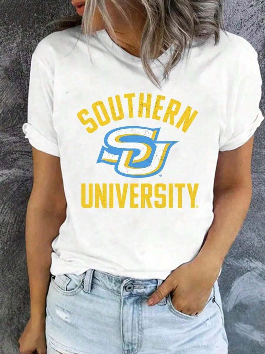 100% Cotton Unisex Round Neck Short - Sleeve T - Shirt With Southern University Graphic - Classic Basic Tee For Summer Women's Tops Cotton Women Clothing - trắng - Xem 1