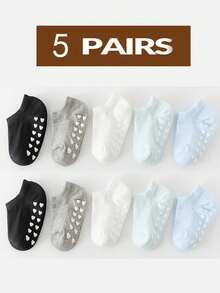 5双婴儿袜子，防滑硅胶心形设计，适合0-5岁婴儿日常穿着
