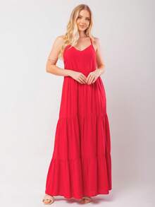 Women's Long Viscose Dress With Adjustable Straps - 紅色 - 查看 4