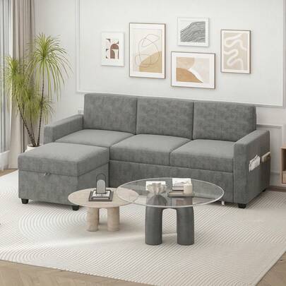  Advwin 3 Seater Sofa 197cm Corduroy Modular Corner Couch W/ Storage Ottoman & Drawers Lounge Chaise Grey