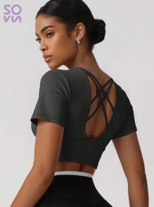 Soyun 女士无缝瑜伽上衣，裸色触感，带衬垫胸罩，适合户外瑜伽 - 黑色 - 查看 4