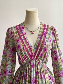 Rusttydustty Đầm cổ chữ V tay phồng họa tiết hoa cổ điển, phong cách Bohemian, thích hợp cho các lễ hội âm nhạc và những dịp tương tự, kiểu dáng thanh lịch mùa xuân. - Bụi hồng - Xem 4