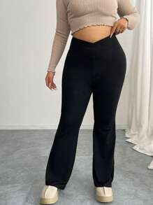 大码女士休闲纯色交叉腰舒适裤，适合秋季 - 黑色 - 查看 7