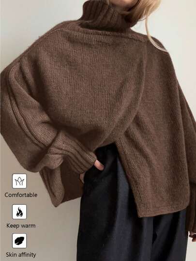 Suéter elegante de manga larga con cuello alto y cruzado en unicolor para mujer, otoño/invierno