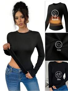 1 pieza Camiseta de manga larga con cuello redondo, forro térmico, ajustada, casual y de activewear para yoga, para otoño/invierno