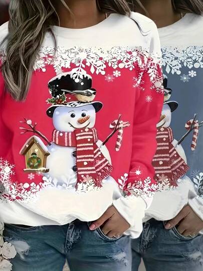 2pcs/Set Plus Size Women's Christmas Snowman Print Crew Neck Long Sleeve Sweatshirt