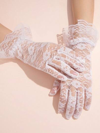 1 双女士性感时尚深色哥特式玫瑰蕾丝手套，适合派对礼服