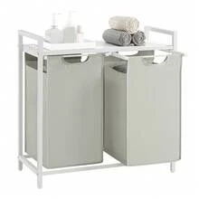 VASAGLE Laundry Hamper Organizer Laundry Basket Laundry Sorter With 2 Pull-Out And Removable Bags, Shelf, Metal Frame, 2 X 12.1 Gallons, 28.8 X 13 X 28.4 Inches, Cream White And Cloud White - 白色 - 查看 1