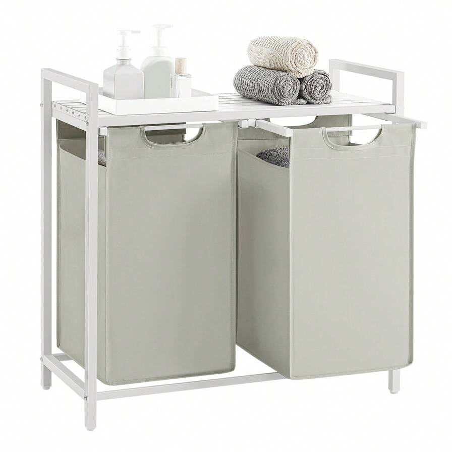 VASAGLE Laundry Hamper Organizer Laundry Basket Laundry Sorter With 2 Pull-Out And Removable Bags, Shelf, Metal Frame, 2 X 12.1 Gallons, 28.8 X 13 X 28.4 Inches, Cream White And Cloud White - 白色 - 查看 1