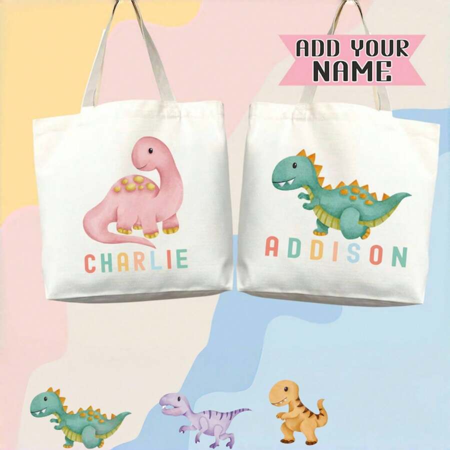 Customized Dinosaur Name Tote Bag, Student Lunch Bag, 's Toy Bag Or Small Backpack - Or Parents' Daily Gift Bag - Personalized Canvas Daily Bag