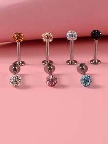 7pcs/set Perfect Piercing Rhinestone Decor Labret Lip Ring Stainless Steel For Women & Men No Piercing Needed Septum Body Jewelry - Multicolor - View 2