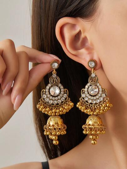 1 Pair Fashionable Vintage Beaded Tassel, South Asian Style Wind Chime Tassel, Women's Metal Asymmetrical Earrings, Suitable For Fashion Parties, Holiday Outfits, Beach Vacations