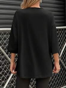 Fisoew Women's Oversized T Shirts Casual 3/4 Sleeve Side Slit Workout Gym Loose Fit Summer Tee Tunic Tops - Y2K Streetwear Basic Fashion Comfort Fit Plus Size - 黑色 - 查看 4