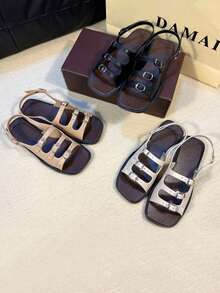 2025新款法国高端露趾平底凉鞋，软底搭扣复古时尚罗马鞋，夏季仙女风沙滩舒适镂空搭扣套脚平底凉鞋，百搭（尺码偏小），圣诞派对平底凉鞋 - 米色 - 查看 7