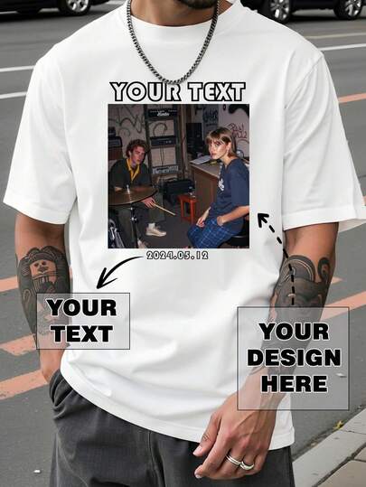 Customized Men's White T-Shirt For Spring/Summer, Personalize With Your Text/Name/Message/Fun Text/Blessing, Upload Your Favorite Photo/Friend/Lover/Landscape/Pet, White T-Shirt, Holiday Gift, Anniversary Gift, Music Festival Outfit, Gift For Him, Men's Loose Fit Round Neck Short Sleeve T-Shirt, Party Outfit, White Men's Short Sleeve Ornamental,Dawg Stylish,Fashion,Hipster,Contracted,Easy Costume,Modest Fashion,Minimal Chic,Casual Custom,Unique,Personalized Ideal Gifts For Him Family,Boyfriend,Friends,Children For Anniversaries,For Birthdays,For Holiday/Vacation