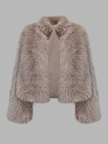 女士休闲百搭米色街头时尚柔软人造毛皮开衫夹克，适合冬季 - 卡其色 - 查看 1