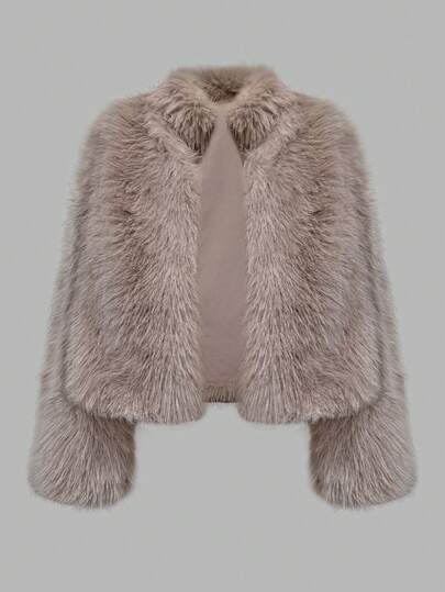 女士休闲百搭米色街头时尚柔软人造毛皮开衫夹克，适合冬季