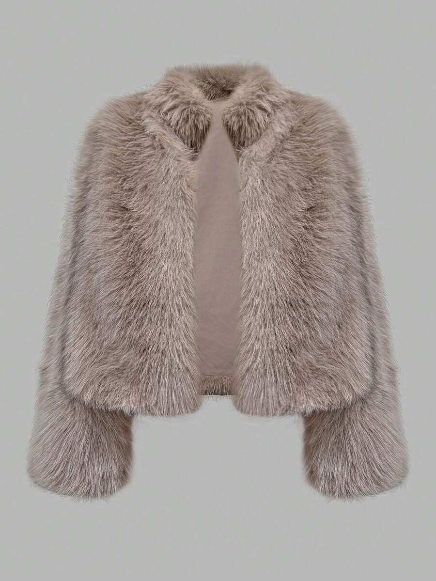 女士休闲百搭米色街头时尚柔软人造毛皮开衫夹克，适合冬季 - 卡其色 - 查看 1