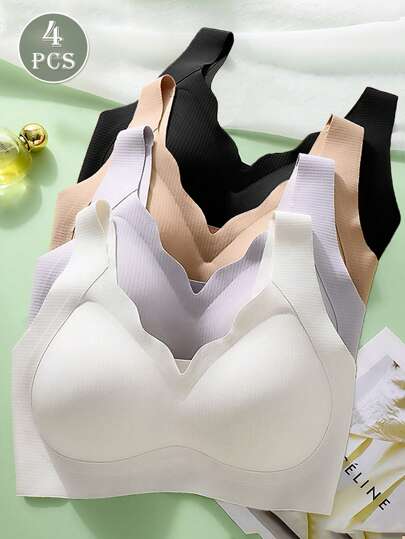 4 piezas Sujetadores sin costuras con efecto push-up para mujer, cómodos y casuales, tipo bralette, ropa interior, top tipo tanque, sujetador estilo chaleco sin aros, ideal para yoga y deportes, con borde ondulado acanalado, sin aros, con cobertura total y comodidad para uso diario