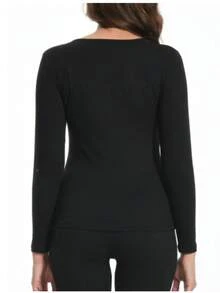 1 件秋冬女士保暖内衬圆领长袖修身休闲运动打底上衣 - 黑色 - 查看 5