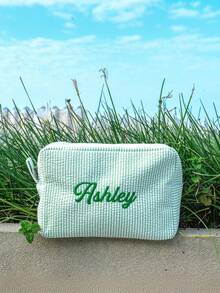 Embroidered Seersucker Cosmetic Bag, (Large + Small) Personalized Seersucker Cosmetic Bag, Custom Embroidered Toiletry Bag, Cosmetic Bag, Bridesmaid Gift, Bridal Party Gift, Cosmetic Storage Bag - Multicolor - View 2