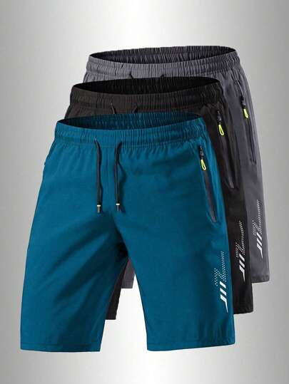 Men's Sporty And Casual Loose Quick-Drying Shorts, With Reflective Strip Design, Pocket, Zipper And Drawstring At The Waist, Suitable For Fitness, Running And Outdoor Activities