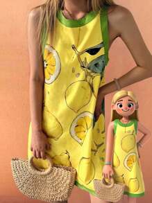 Boho Summer Beach Casual Vacation Comfortable Women's Clashing Lemon Leaf Pattern Sleeveless Dress Brunch Outfits For Women