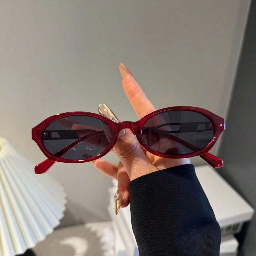 1pc 90s Vintage Oval Red Fashion Fashion Glasses, Metal Temples & PC Frame Design - Perfect Summer Accessory, Providing Elegant Retro Style For Summer Beach Vacation,Outdoor,Travel - 彩色 - 查看 1