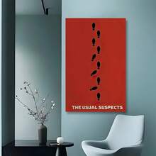 Framed   "The Usual Suspects" Canvas Wall Art, Vintage Style With Red Background And Footprint Silhouettes - Ideal For Living Room, Bedroom, Home Office Decor