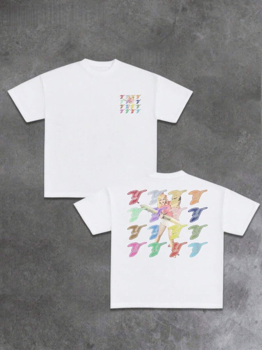 Plus Size Vibrant Graphic Featuring A Woman With Colorful Abstract Patterns. This Tee Showcases Playful Imagery, A Unique Artistic Touch For Casual Wear, Ensuring A Stylish Statement. 100% Cotton Men's Tshirt - 白色 - 查看 1