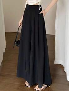 Falda de pantalón de piernas largas oversize mujer primavera verano estilo fino traje plisado pantalón de cintura alta caída sensación delgada falda casual - Negro - Ver 1