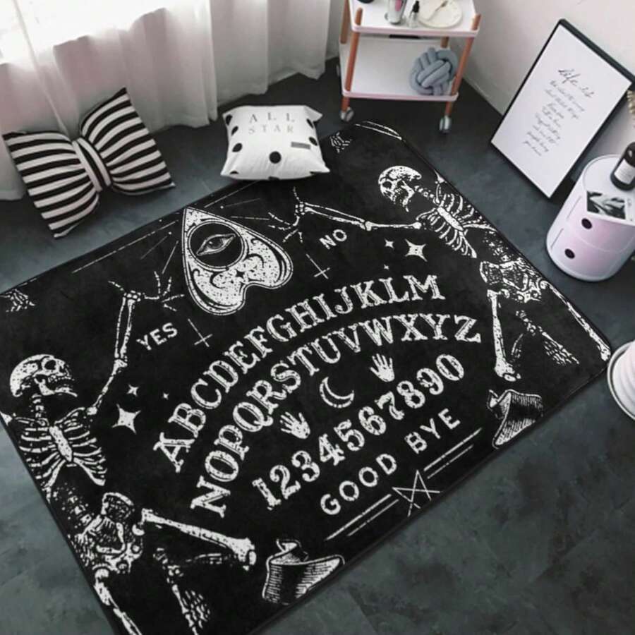 1pc 3.1'x2' Halloween-Themed Flannel Area Mat - Soft, Non-Slip, Machine Washable Carpet With Spooky Skeleton & Pumpkin Design For Bedroom, Living Room, Or Bathroom Decor, Perfect For Halloween, Christmas, Thanksgiving, And More, Halloween Decorations - 黑色 - 查看 1