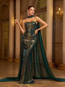 Missord Váy dạ hội đuôi cá sequin cho nữ, váy dạ hội trang trọng dài tay thanh lịch, dành cho khách dự tiệc cưới, tốt nghiệp, tiệc tối - màu xanh lá - Xem 2